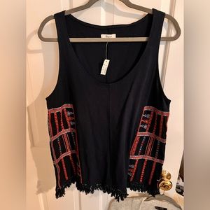 Madewell NWT embroidered fringe tank top size L large  navy with red accents